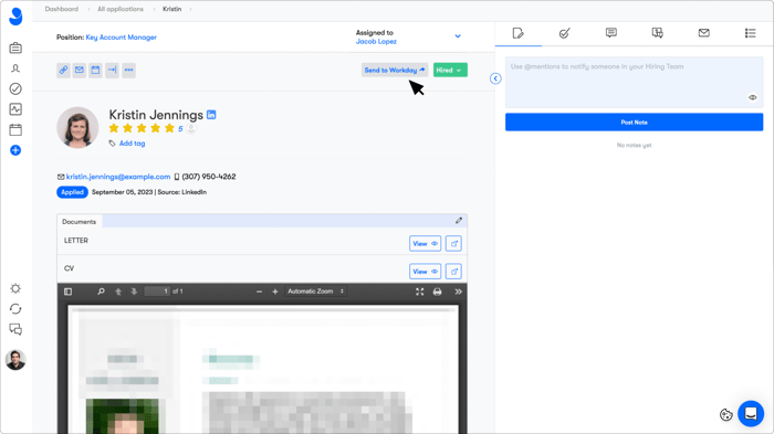 The Hire is pushed from Jobylon to Workday