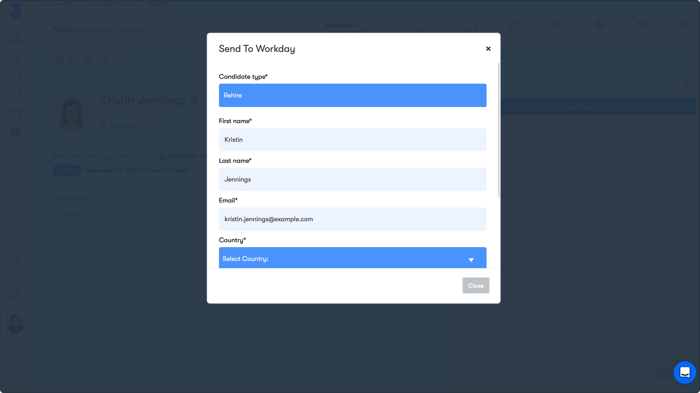Decide what information is sent from Jobylon to Workday when you create a Hire